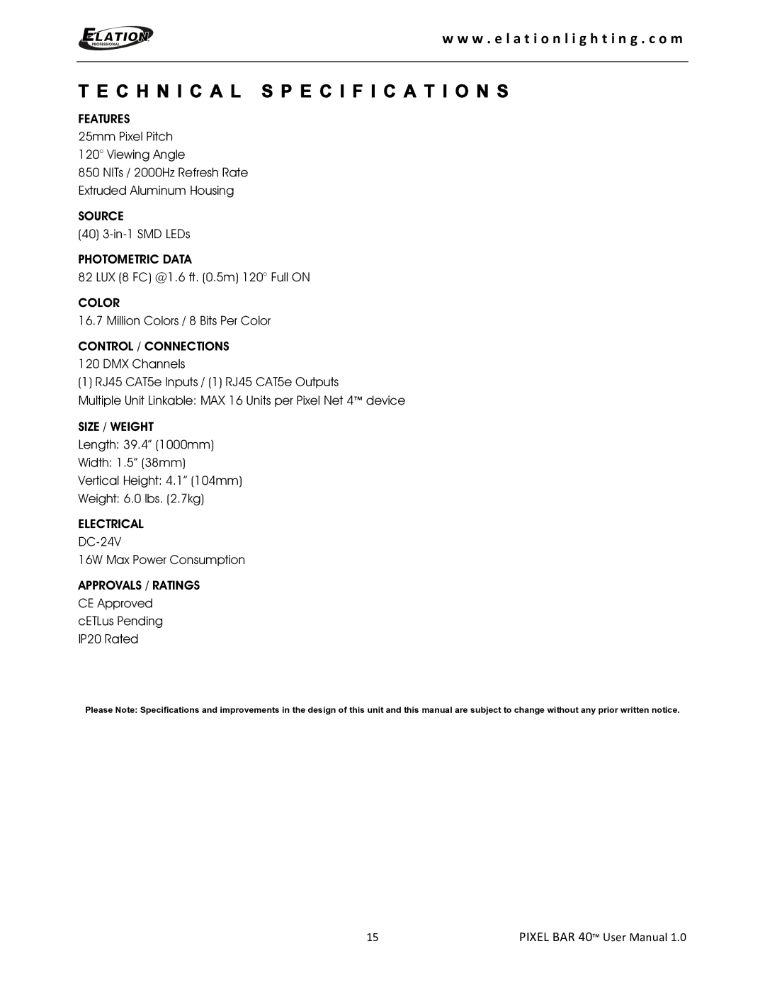 Elation Professional 40 user manual C H N I C a L Specification S, Control / Connections 