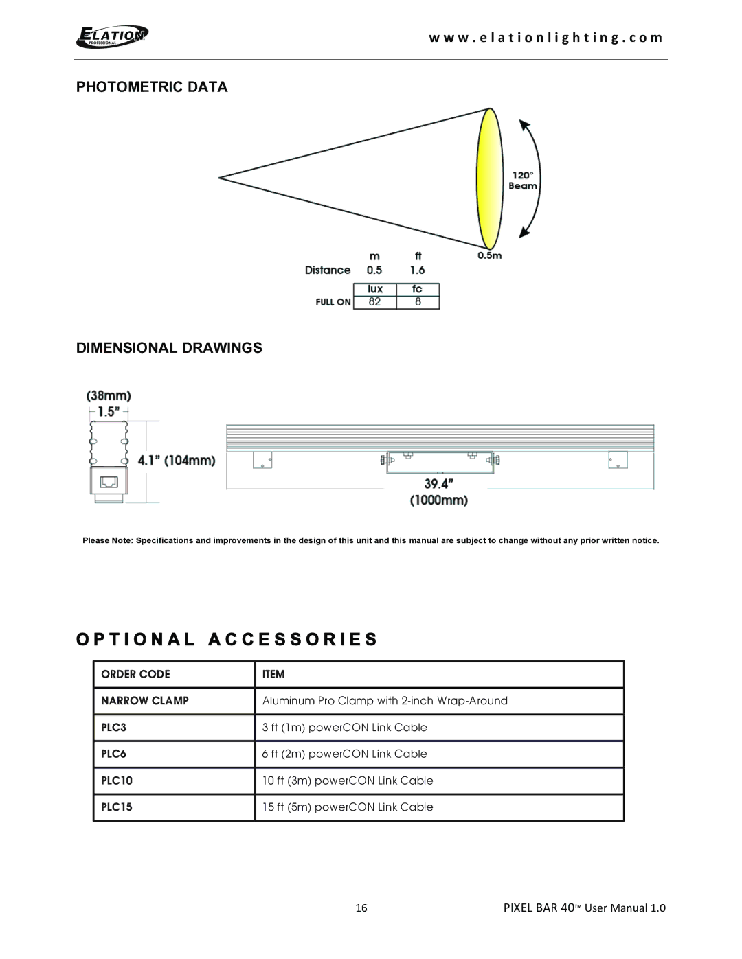 Elation Professional 40 user manual T I O N a L a C C E S S O R I E S, Photometric Data Dimensional Drawings 