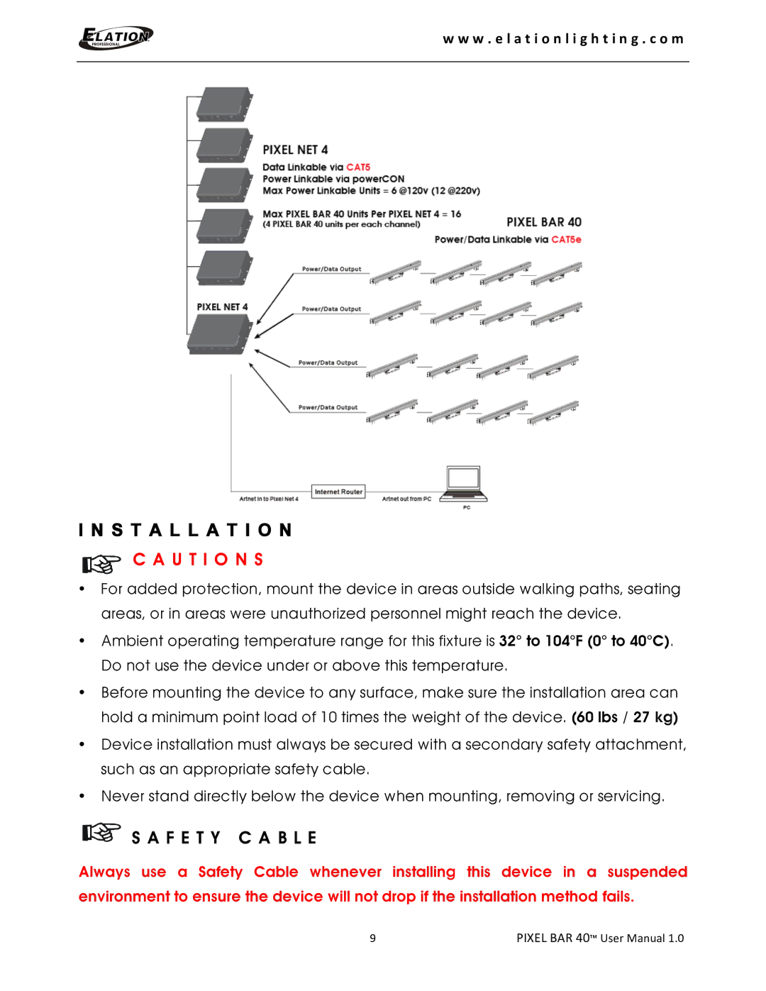 Elation Professional 40 user manual Installation, U T I O N S 