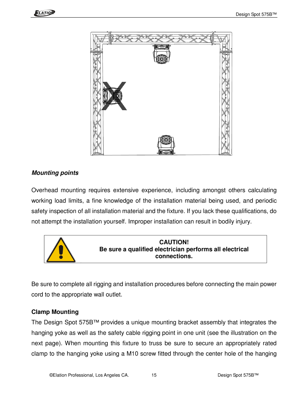 Elation Professional 575B manual Mounting points, Clamp Mounting 