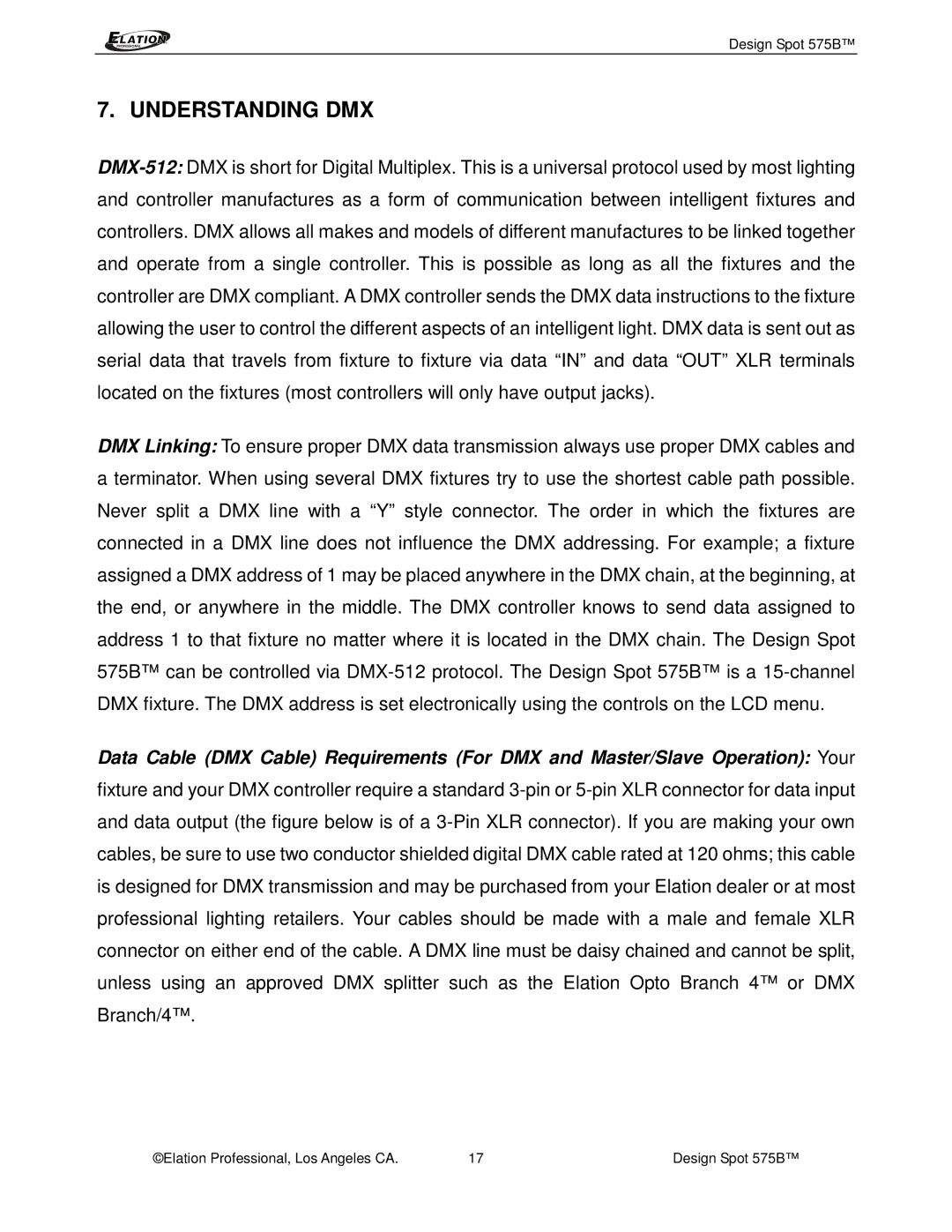 Elation Professional 575B manual Understanding DMX 