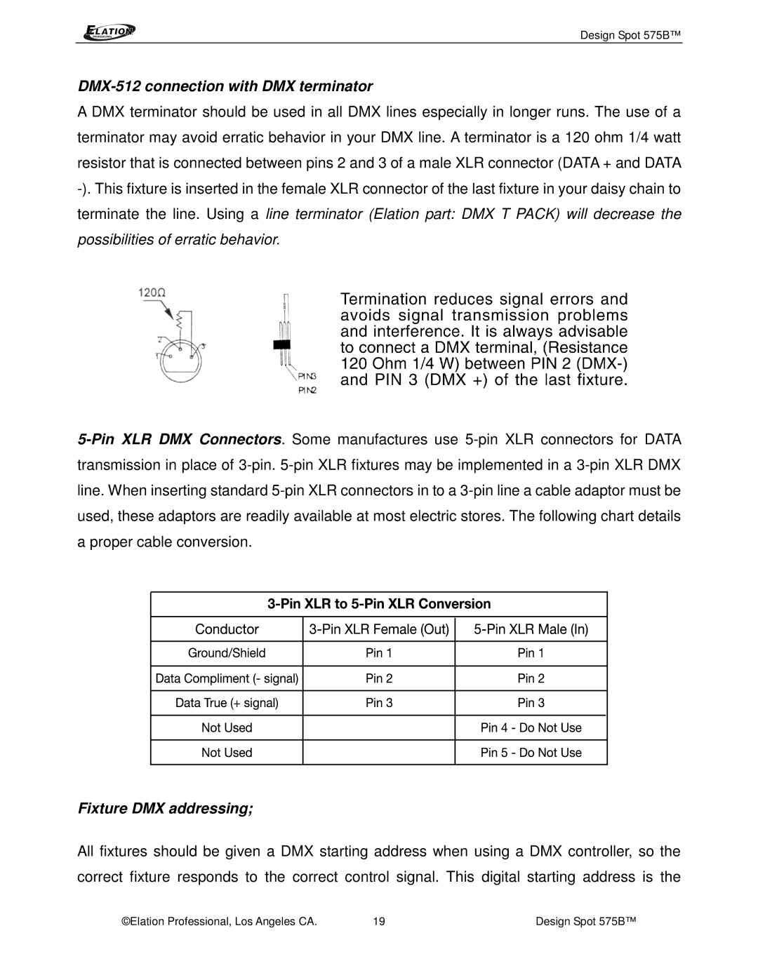 Elation Professional 575B manual DMX-512 connection with DMX terminator, Fixture DMX addressing 
