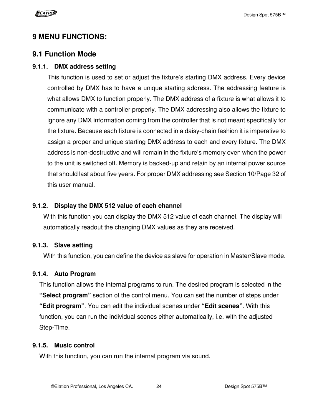 Elation Professional 575B manual Menu Functions, Slave setting, Auto Program, Music control 