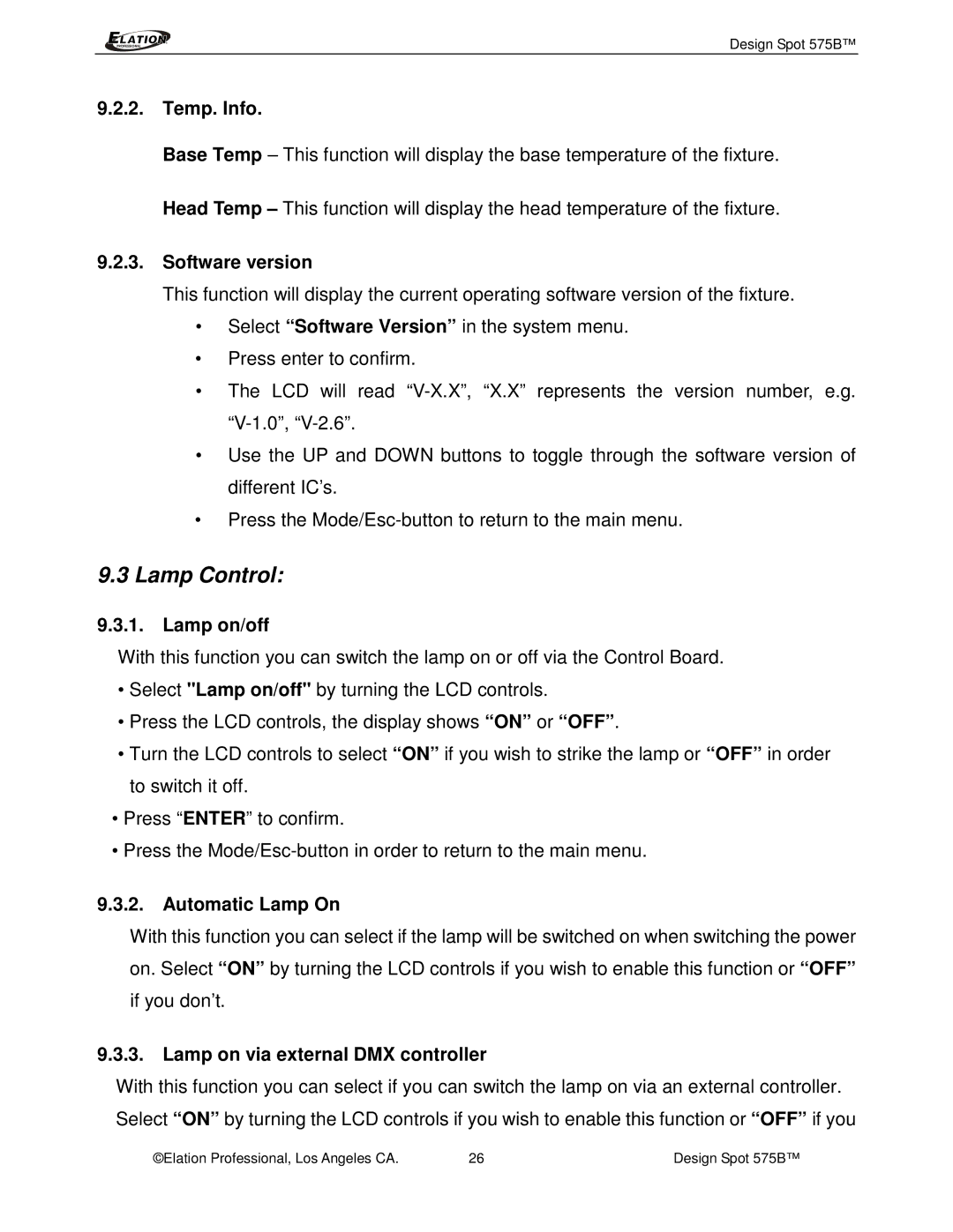 Elation Professional 575B manual Temp. Info, Software version, Lamp on/off, Automatic Lamp On 