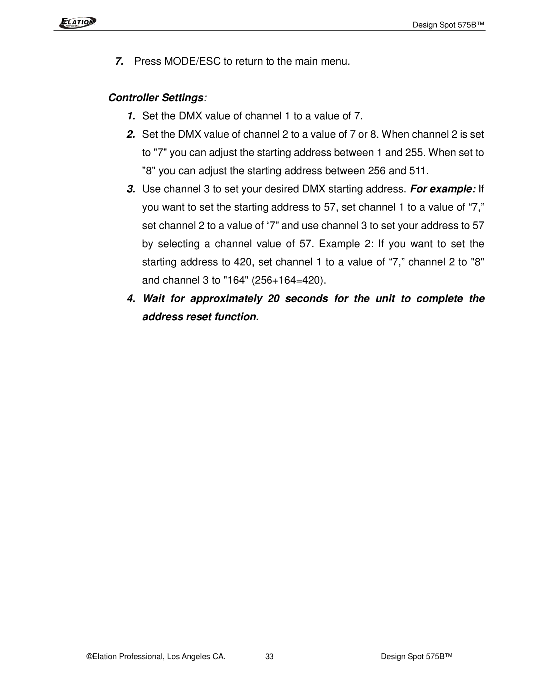 Elation Professional 575B manual Controller Settings 