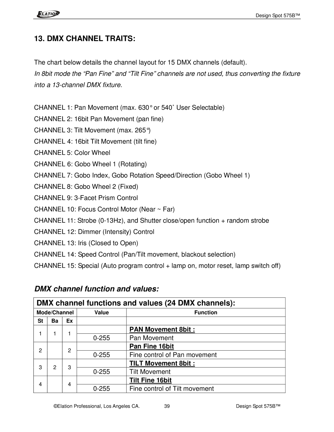 Elation Professional 575B manual DMX Channel Traits, PAN Movement 8bit, Pan Fine 16bit, Tilt Movement 8bit, Tilt Fine 16bit 