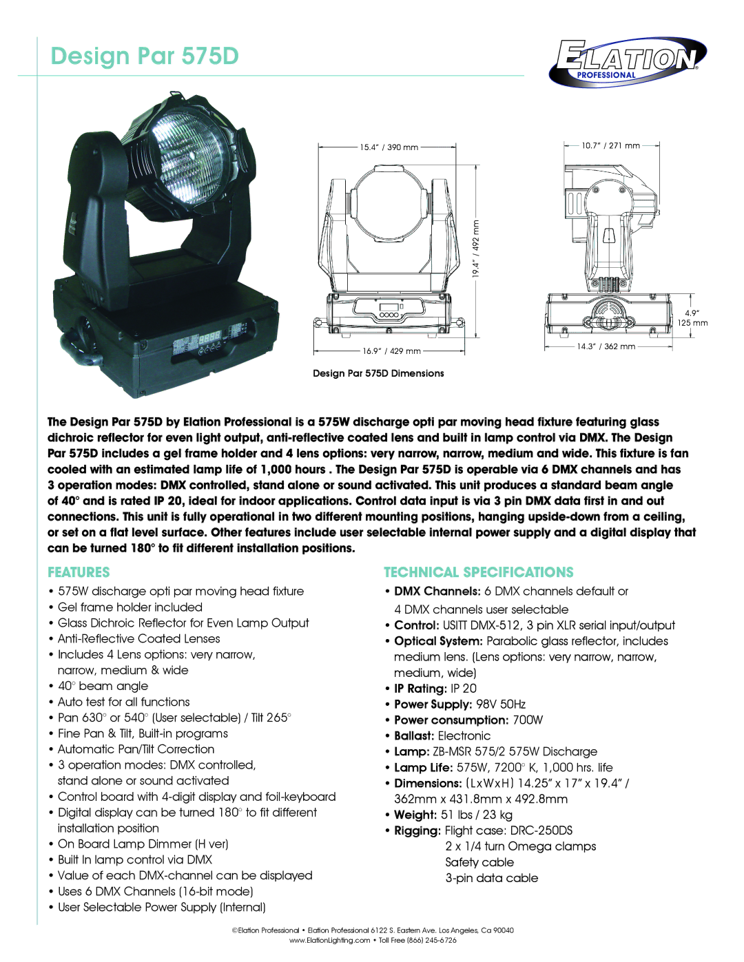 Elation Professional technical specifications Design Par 575D, Features, Technical Specifications 