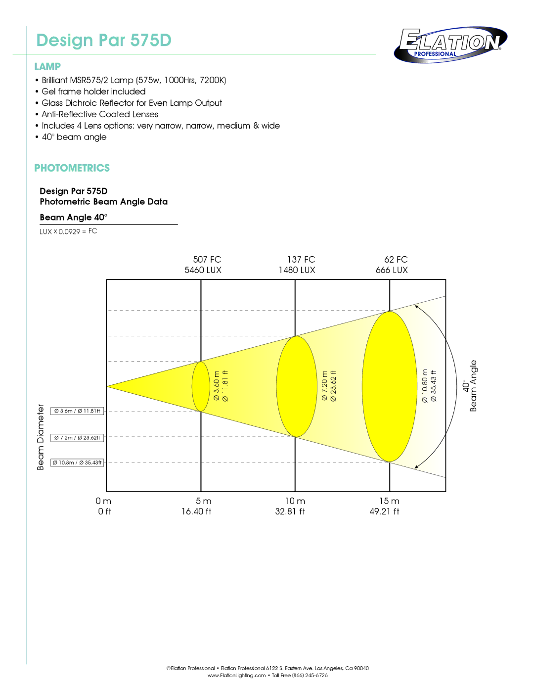 Elation Professional 575D technical specifications Lamp, Photometrics 