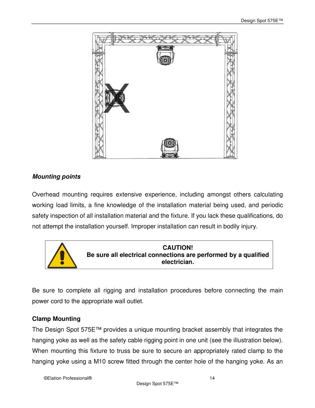 Elation Professional 575E manual Mounting points, Clamp Mounting 