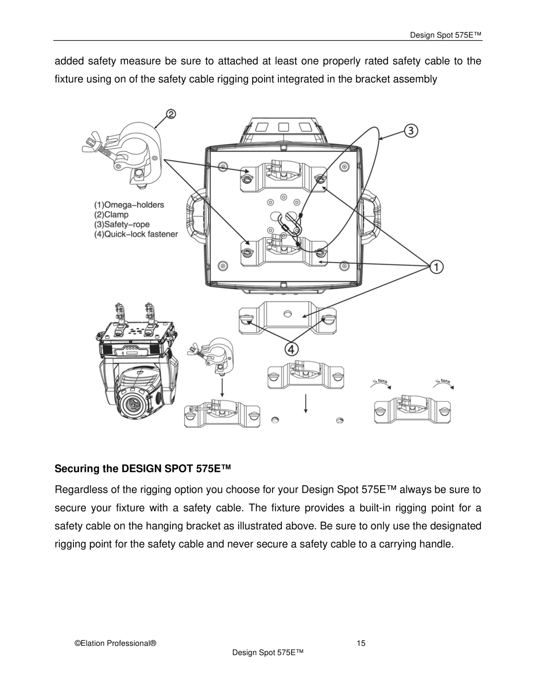 Elation Professional manual Securing the Design Spot 575E 