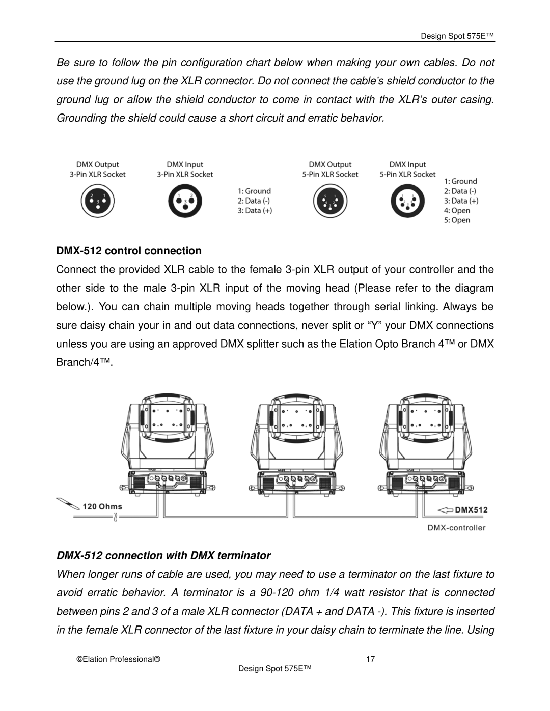 Elation Professional 575E manual DMX-512 control connection, DMX-512 connection with DMX terminator 