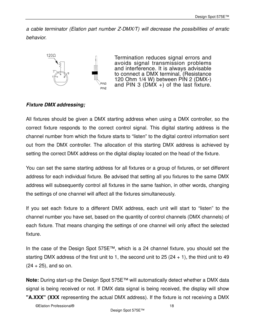 Elation Professional 575E manual Fixture DMX addressing 