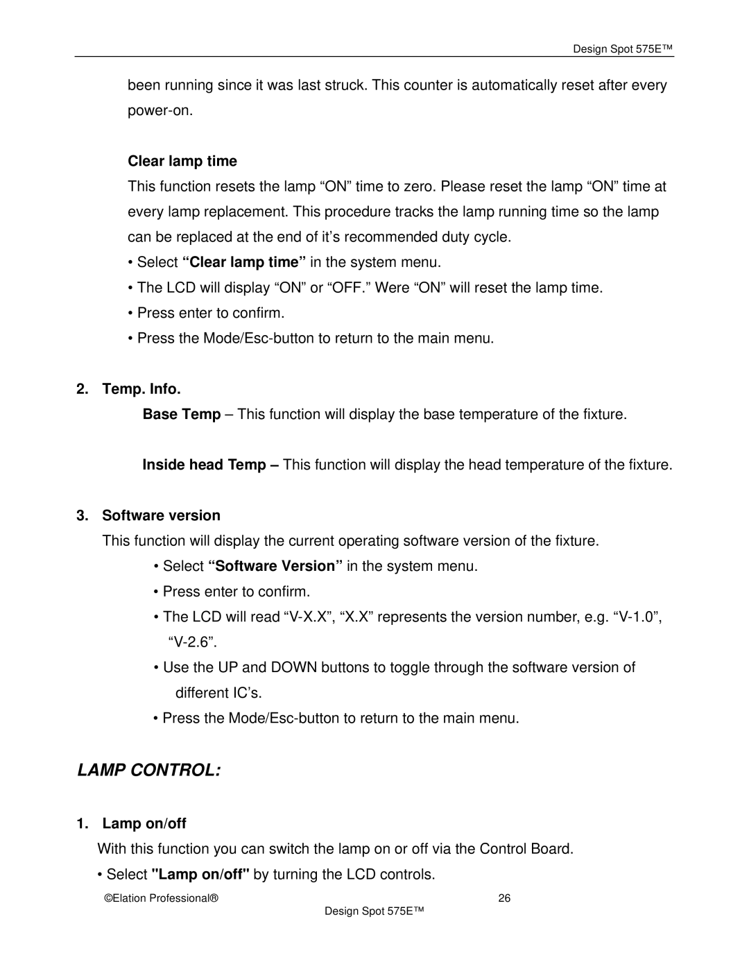 Elation Professional 575E manual Clear lamp time, Temp. Info, Software version, Lamp on/off 