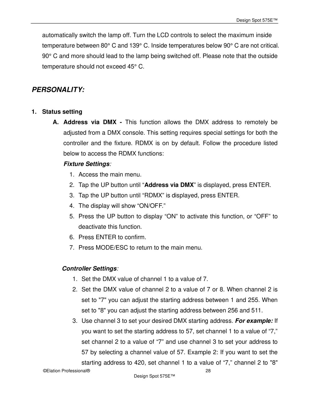 Elation Professional 575E manual Status setting, Fixture Settings, Controller Settings 