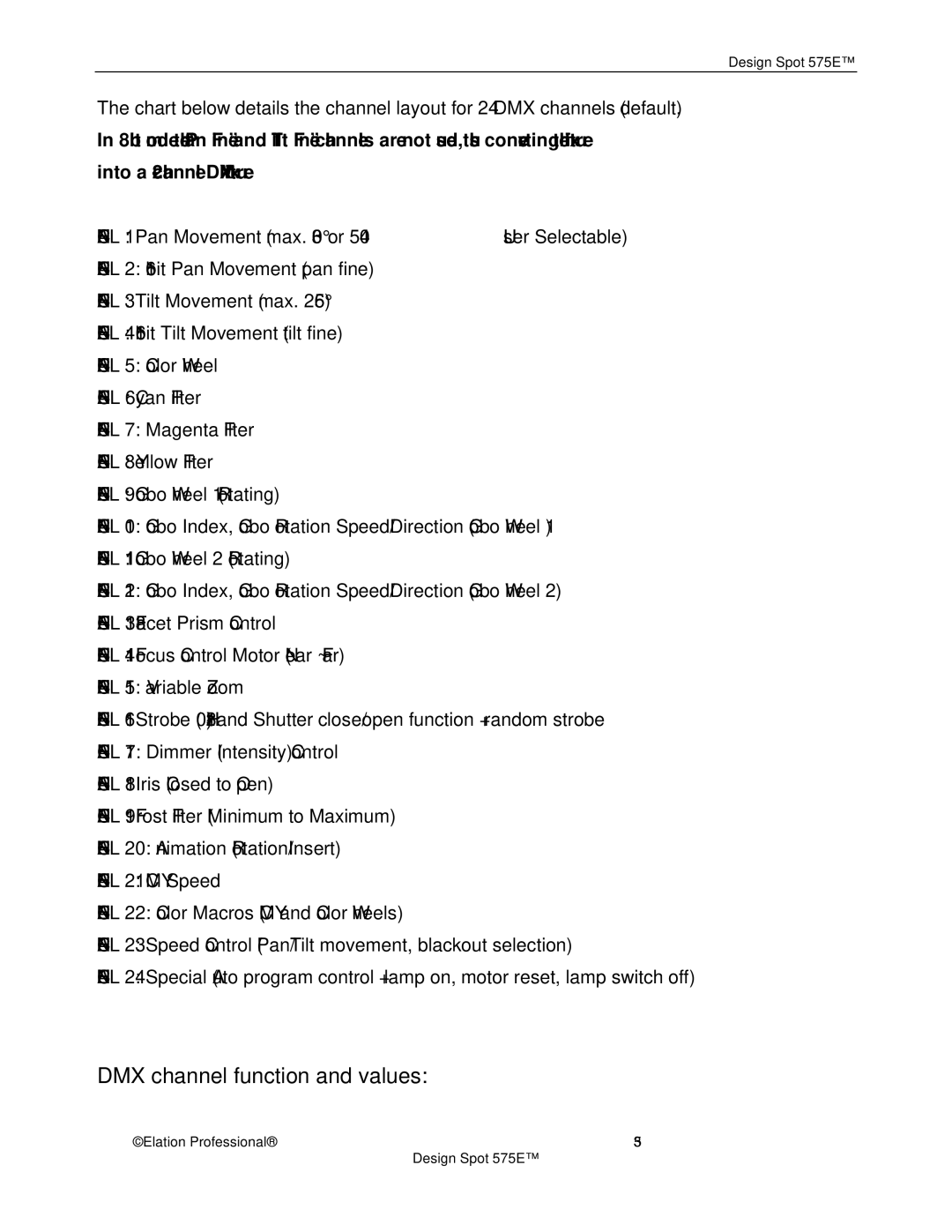 Elation Professional 575E manual DMX channel function and values 