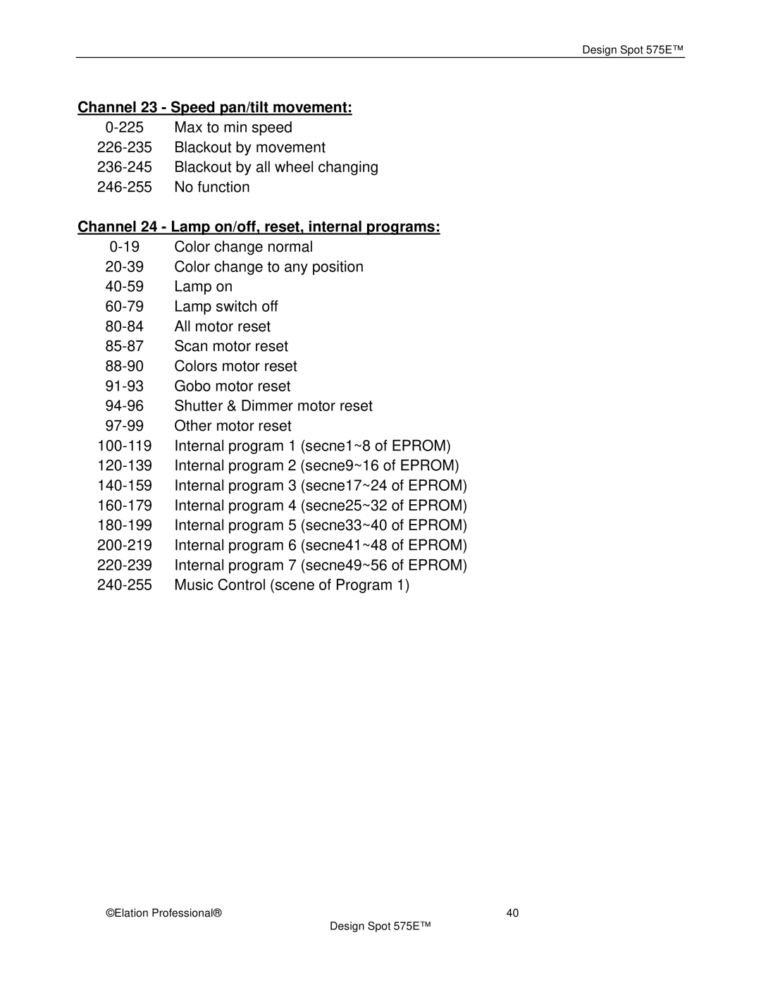 Elation Professional 575E manual Channel 23 Speed pan/tilt movement, Channel 24 Lamp on/off, reset, internal programs 
