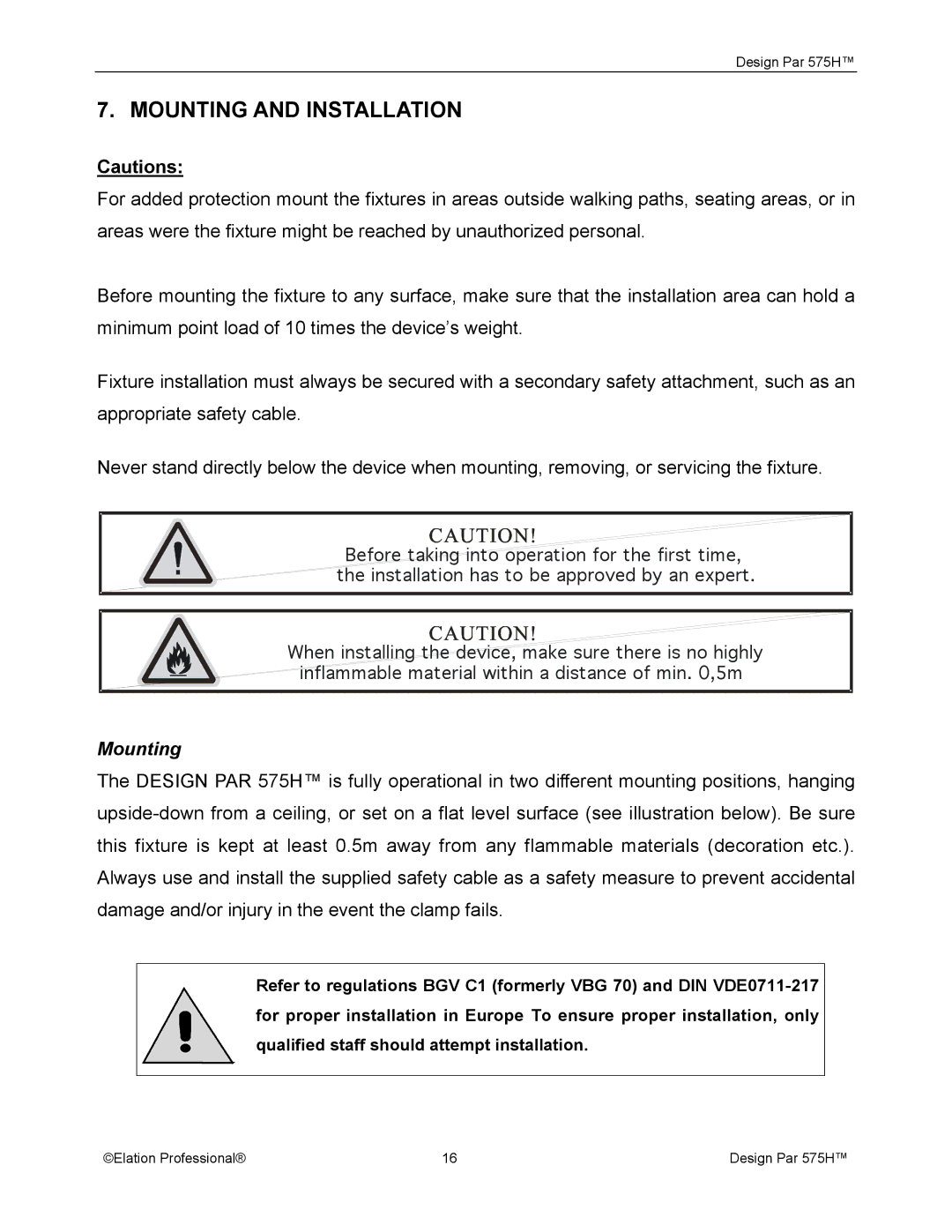 Elation Professional 575H manual Mounting and Installation 