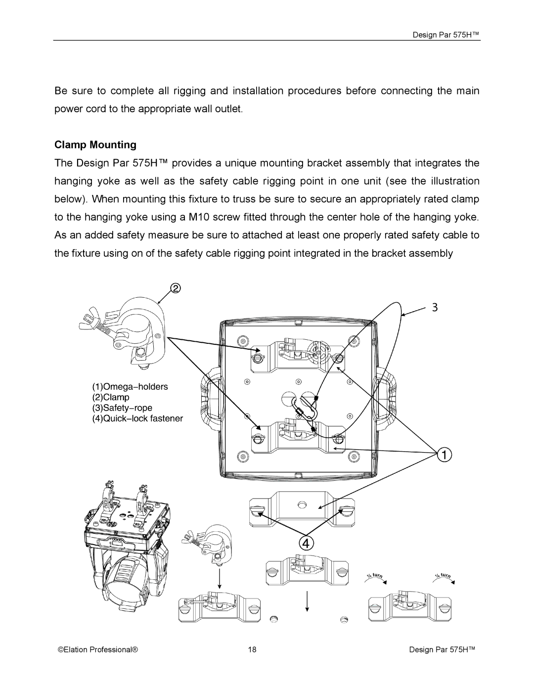 Elation Professional 575H manual Clamp Mounting 