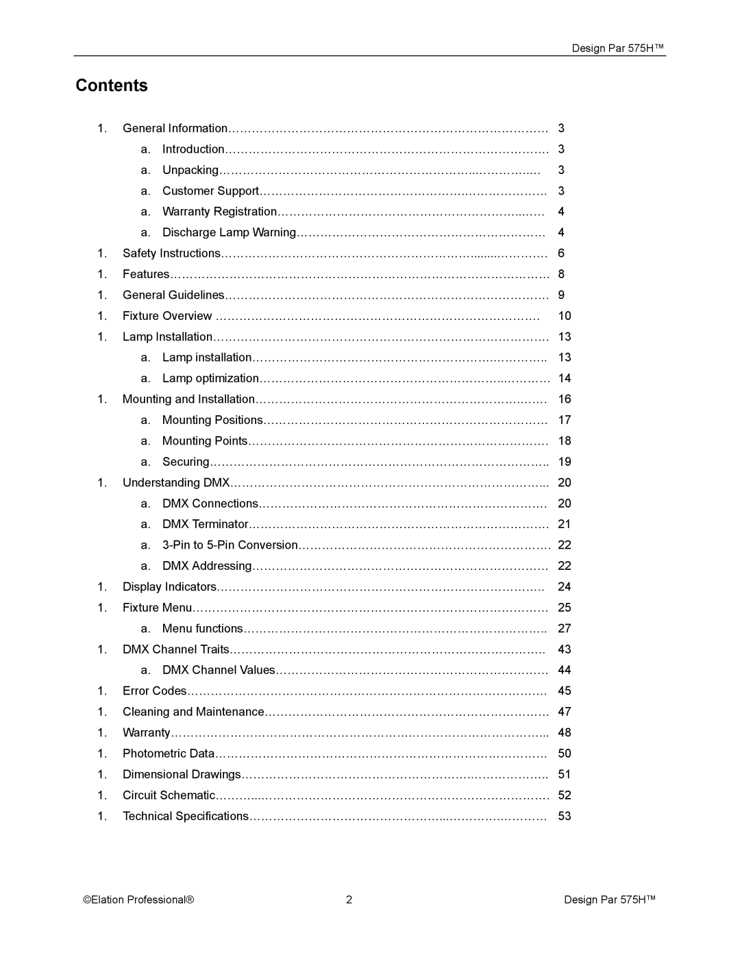 Elation Professional 575H manual Contents 