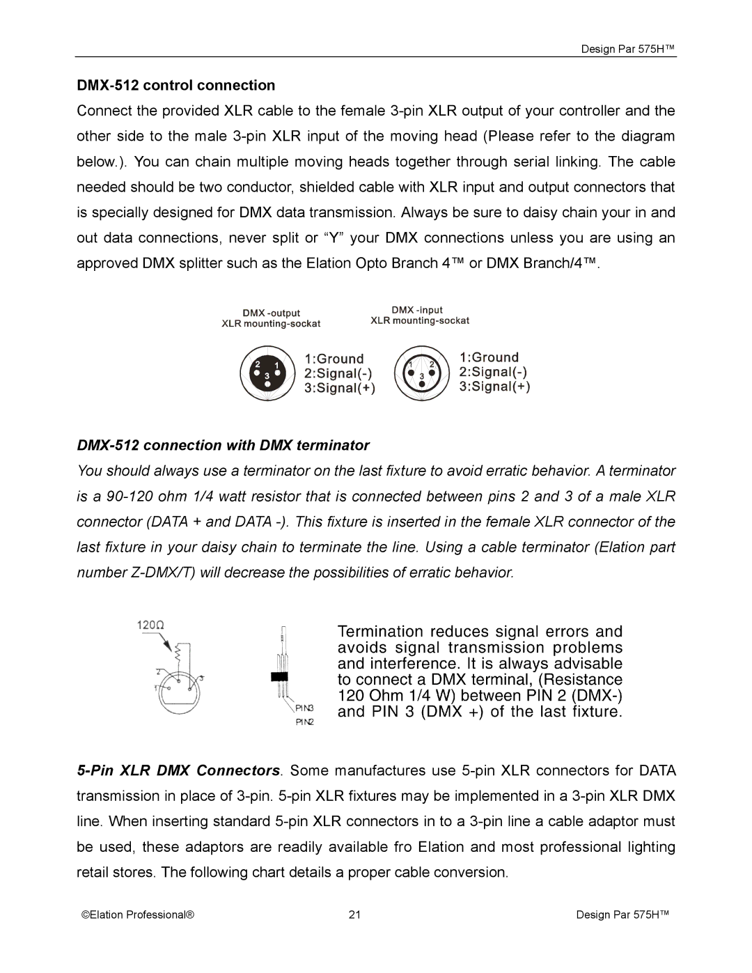 Elation Professional 575H manual DMX-512 control connection, DMX-512 connection with DMX terminator 