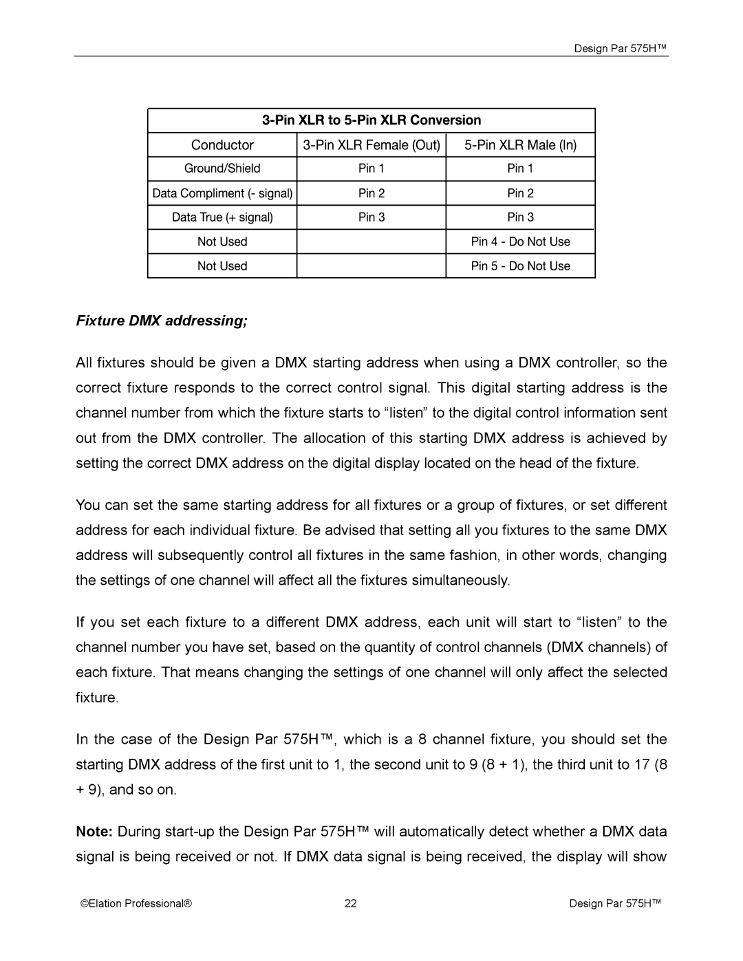 Elation Professional 575H manual Fixture DMX addressing 