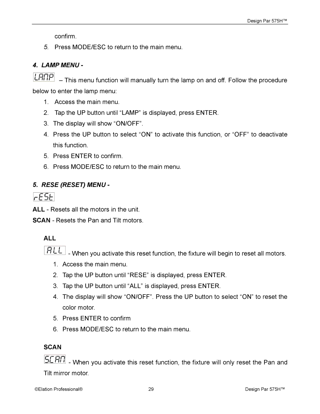 Elation Professional 575H manual Lamp Menu, Rese Reset Menu, All, Scan 