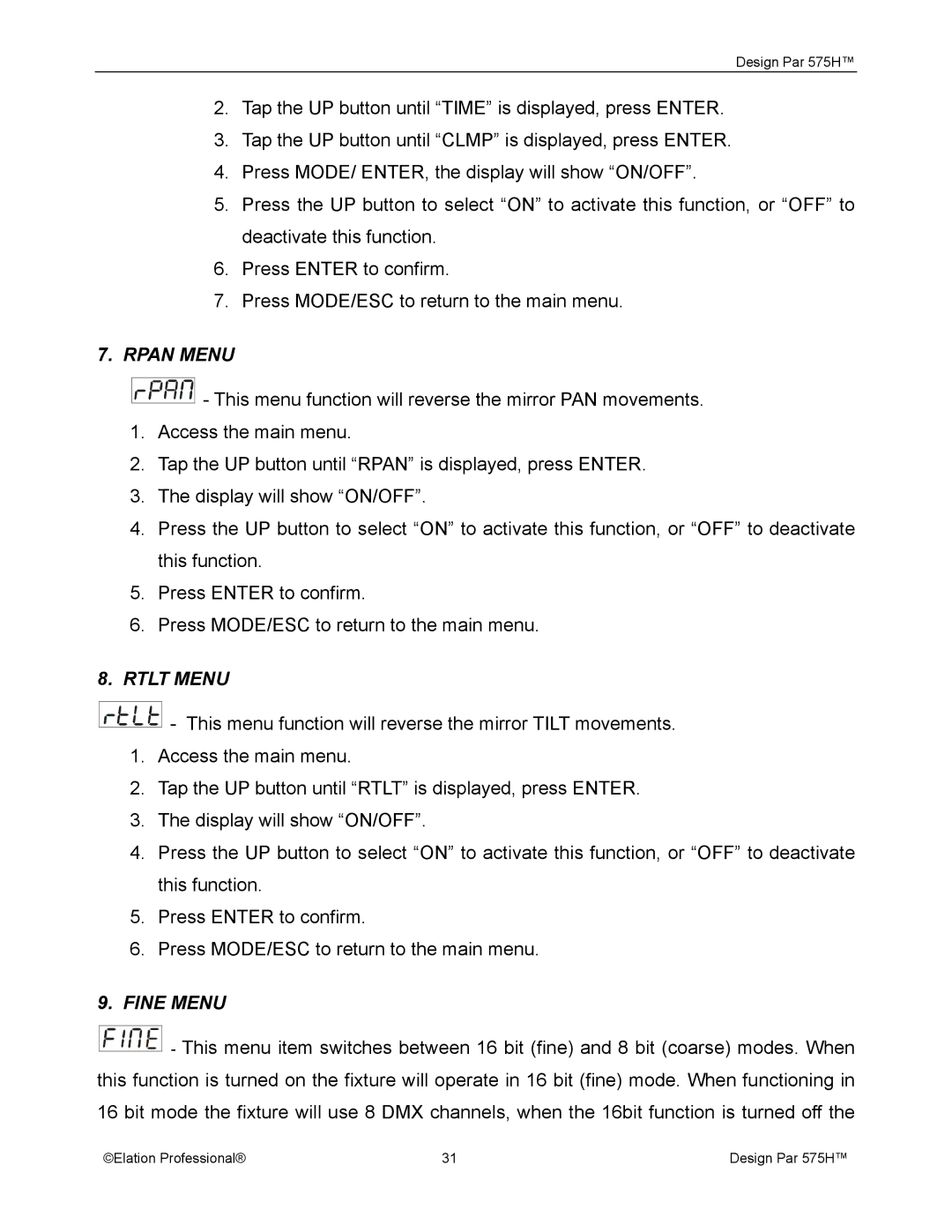 Elation Professional 575H manual Rpan Menu, Rtlt Menu, Fine Menu 