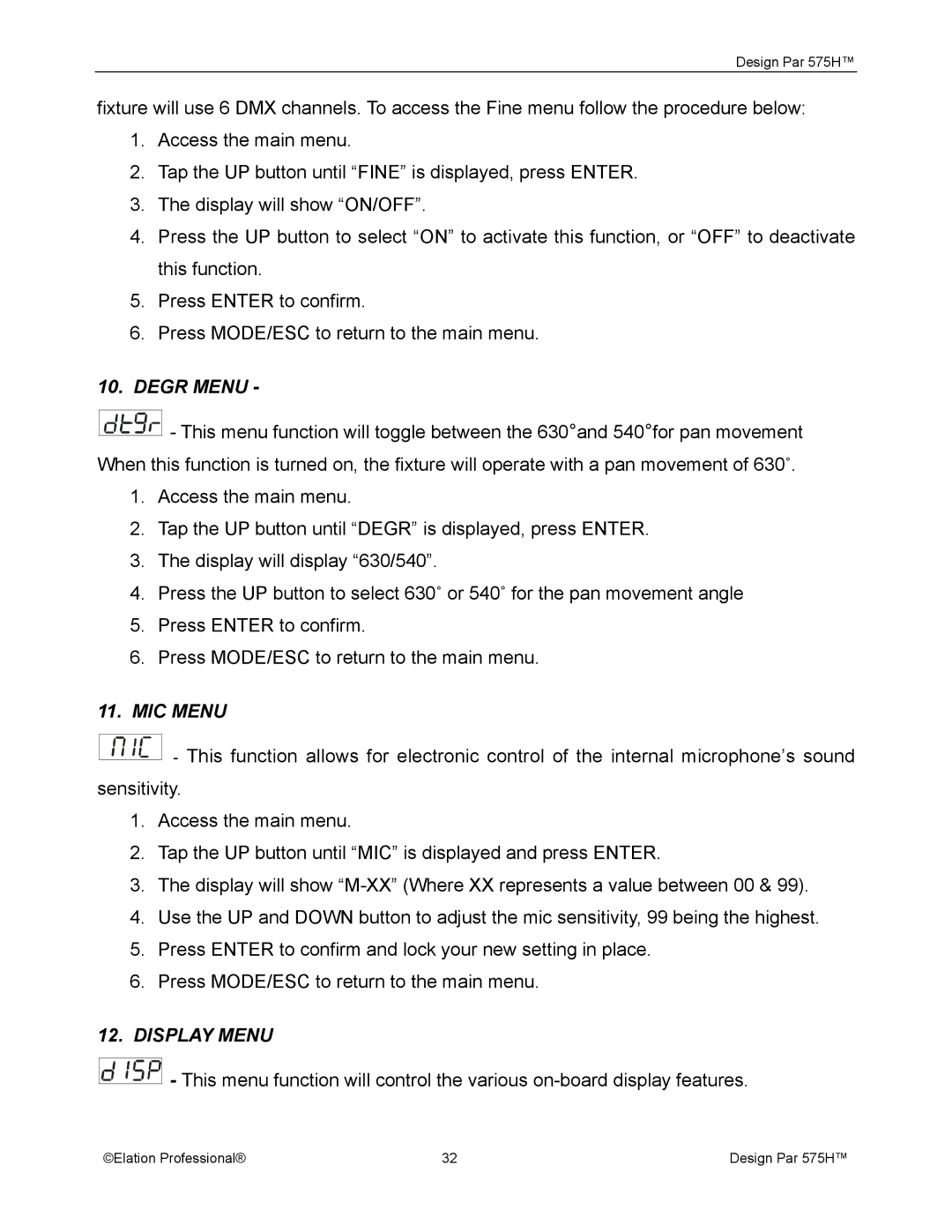 Elation Professional 575H manual Degr Menu, MIC Menu, Display Menu 