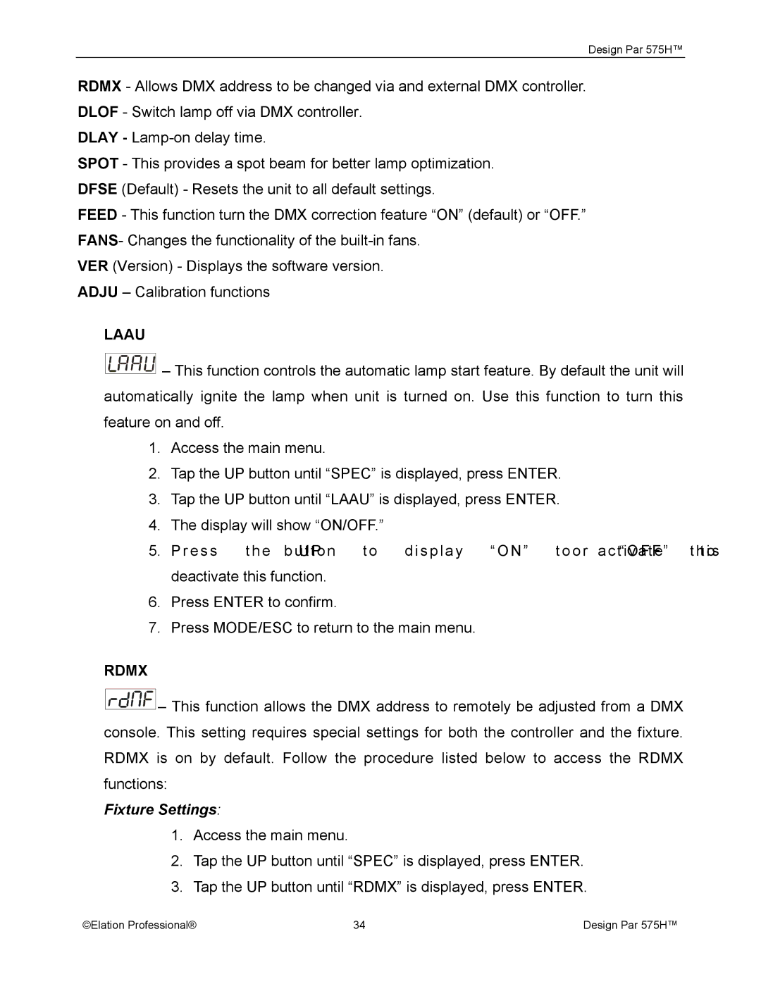 Elation Professional 575H manual Laau, Rdmx, Fixture Settings 