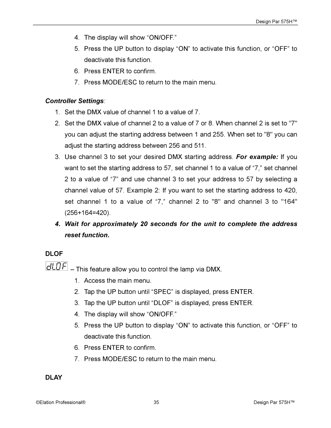 Elation Professional 575H manual Controller Settings, Dlof, Dlay 
