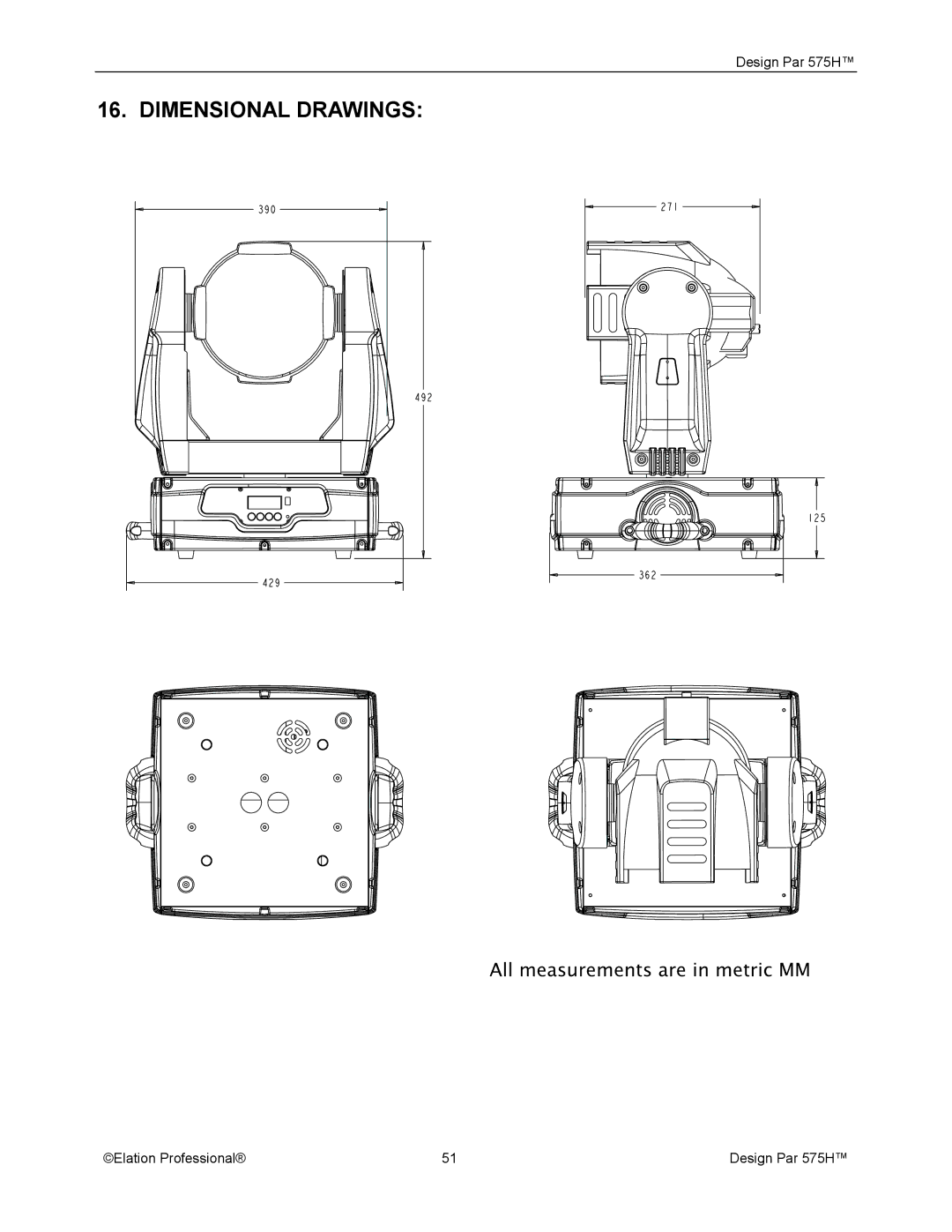 Elation Professional 575H manual Dimensional Drawings 