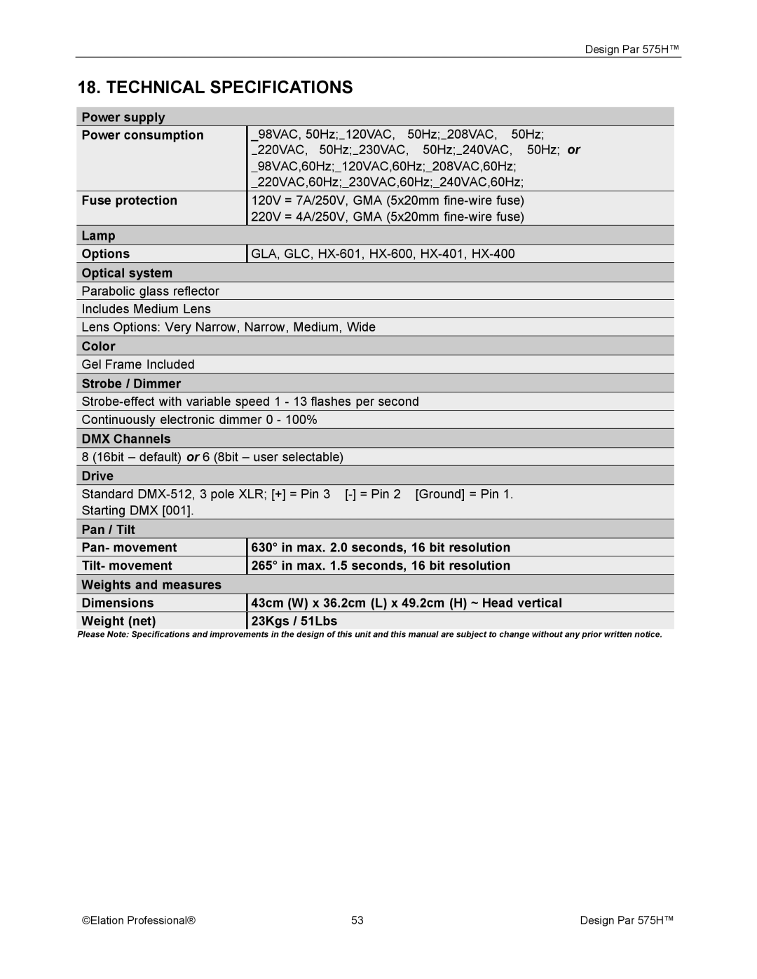 Elation Professional 575H manual Technical Specifications, Power supply Power consumption 