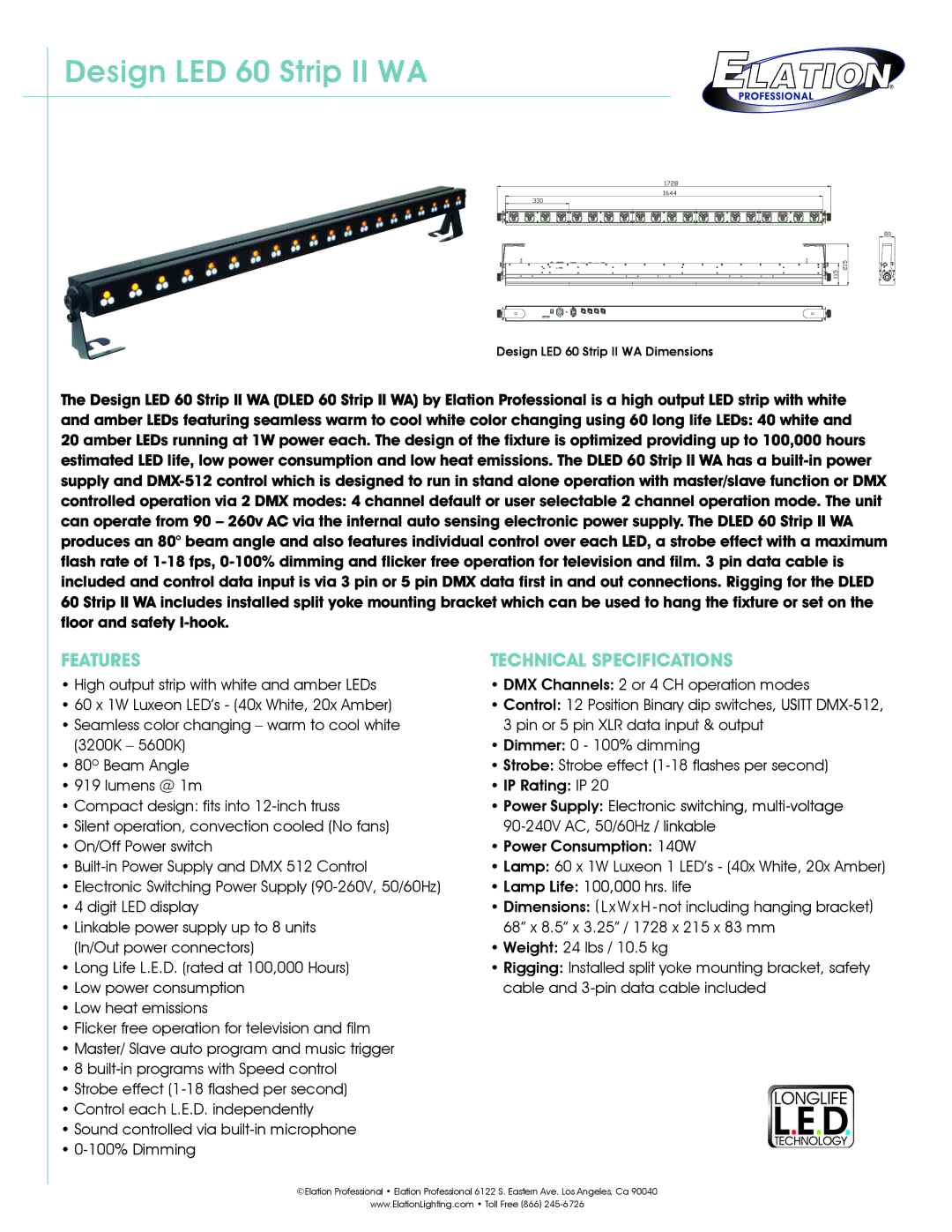 Elation Professional technical specifications Design LED 60 Strip II WA, Features, Technical Specifications 