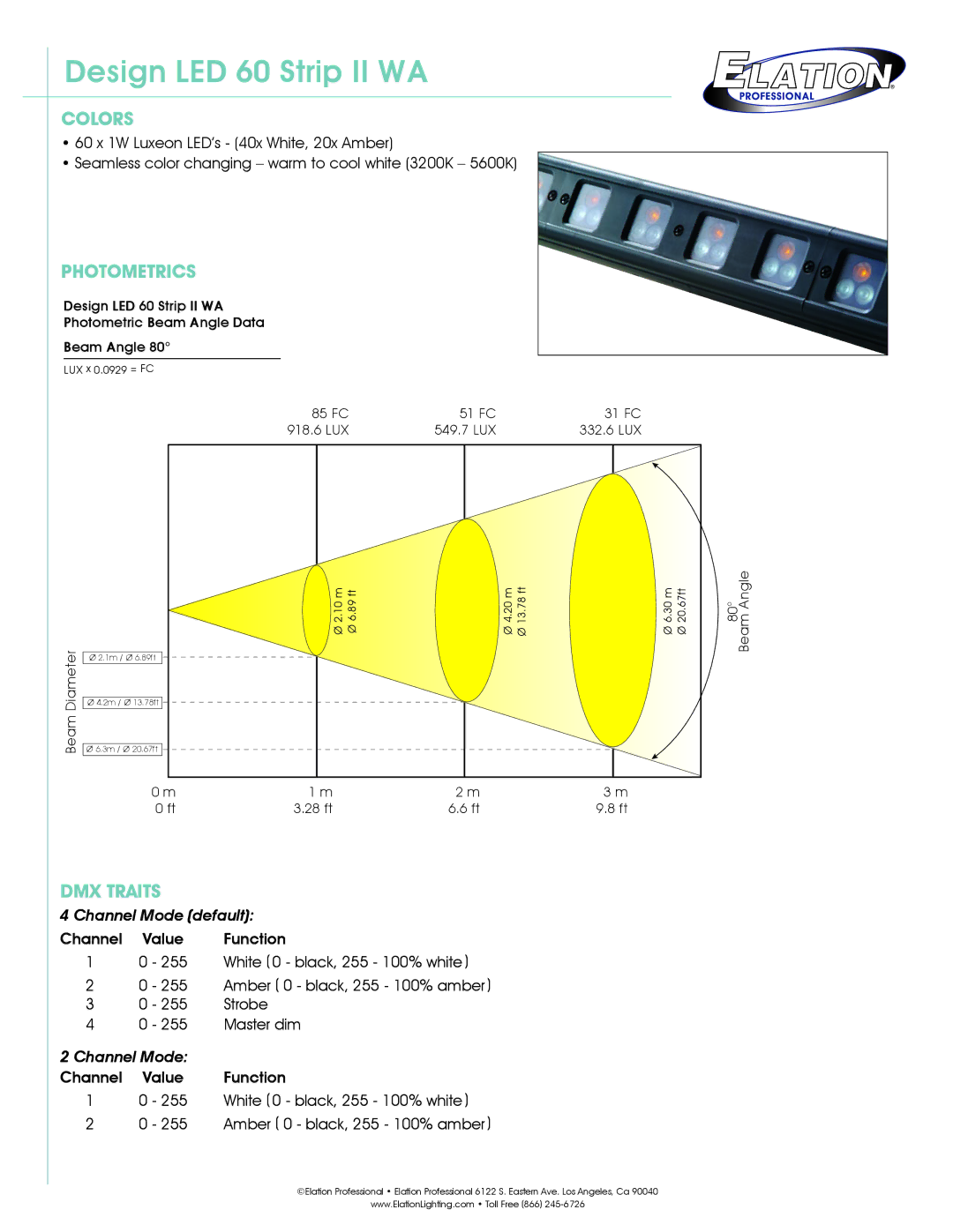 Elation Professional 60 Strip II WA technical specifications Colors, Photometrics, DMX Traits, Channel Mode default 