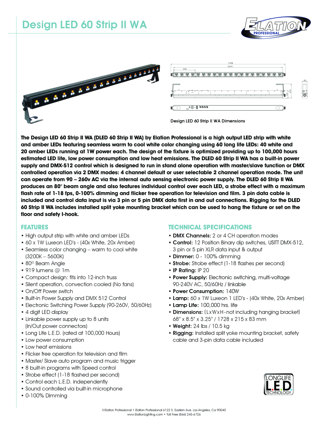 Elation Professional technical specifications Design LED 60 Strip II WA, Features, Technical Specifications 