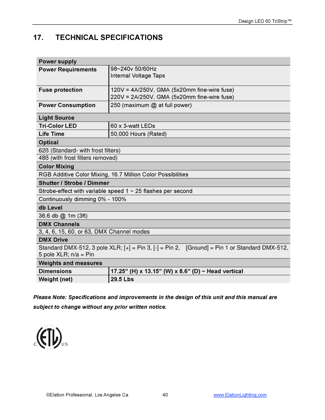 Elation Professional 60 Tri manual Technical Specifications, DMX Drive 