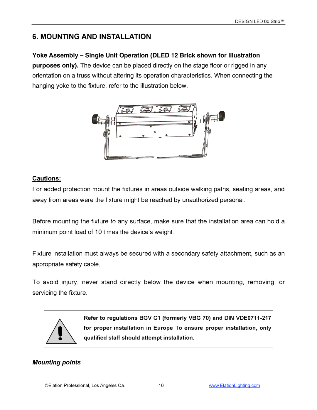 Elation Professional 60 manual Mounting and Installation, Mounting points 