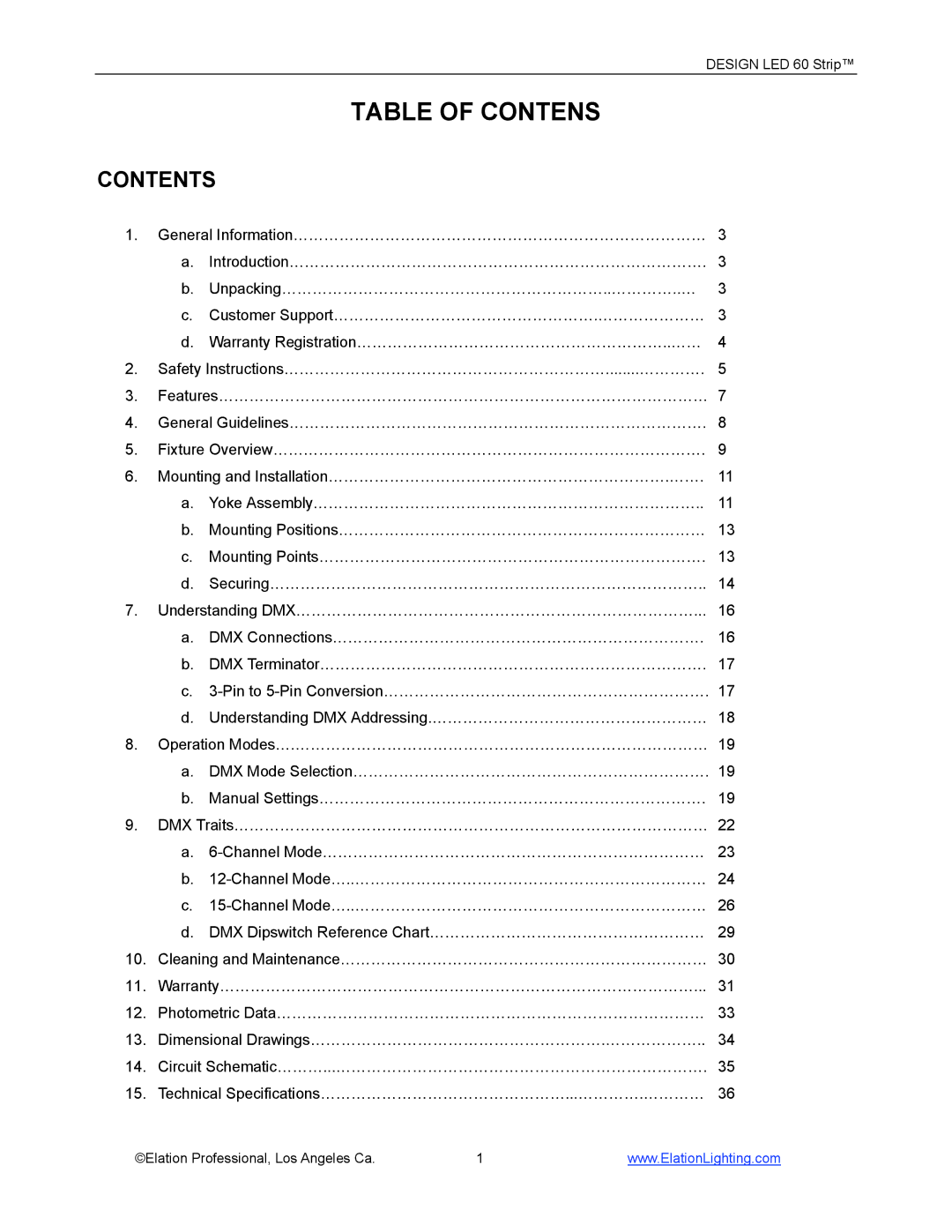 Elation Professional 60 manual Table of Contens, Contents 