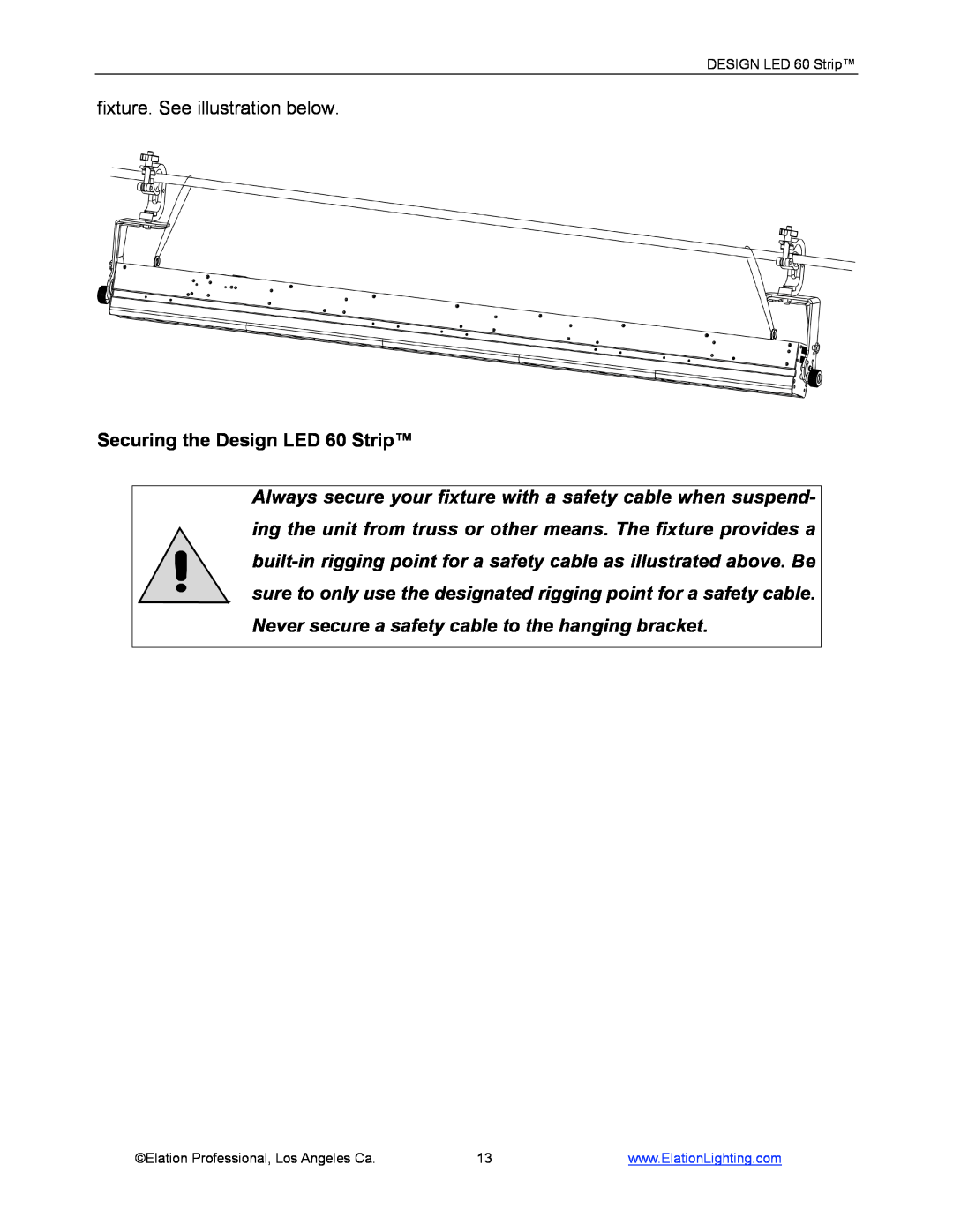 Elation Professional manual Securing the Design LED 60 Strip, fixture. See illustration below 