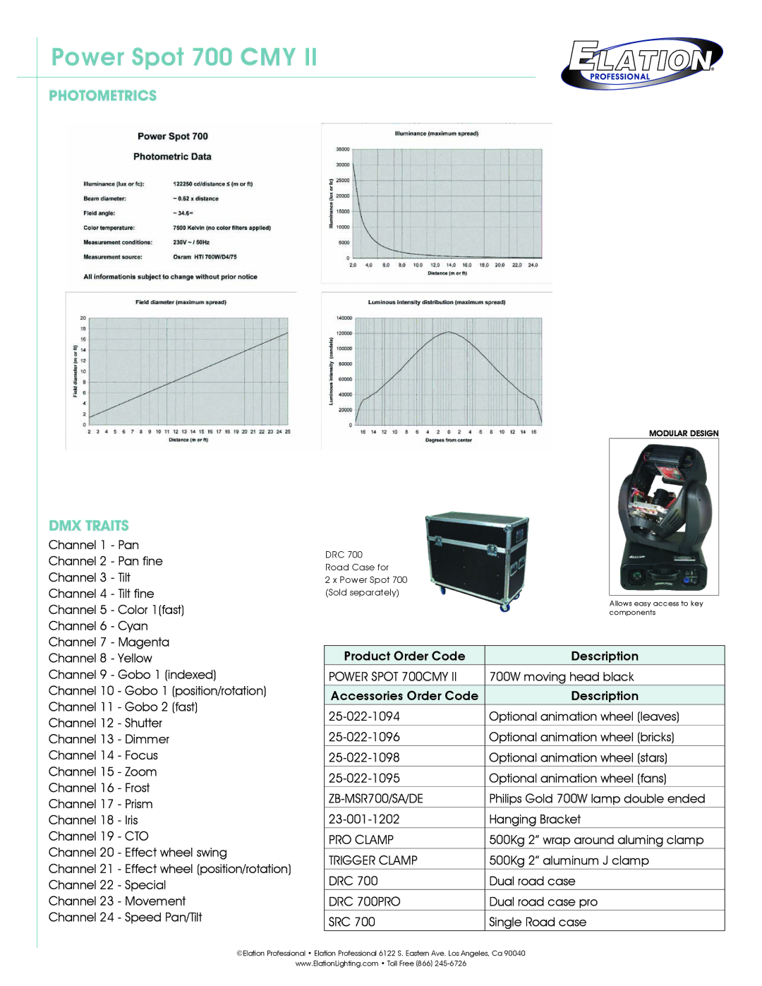 Elation Professional 700 CMY II technical specifications Photometrics DMX Traits 