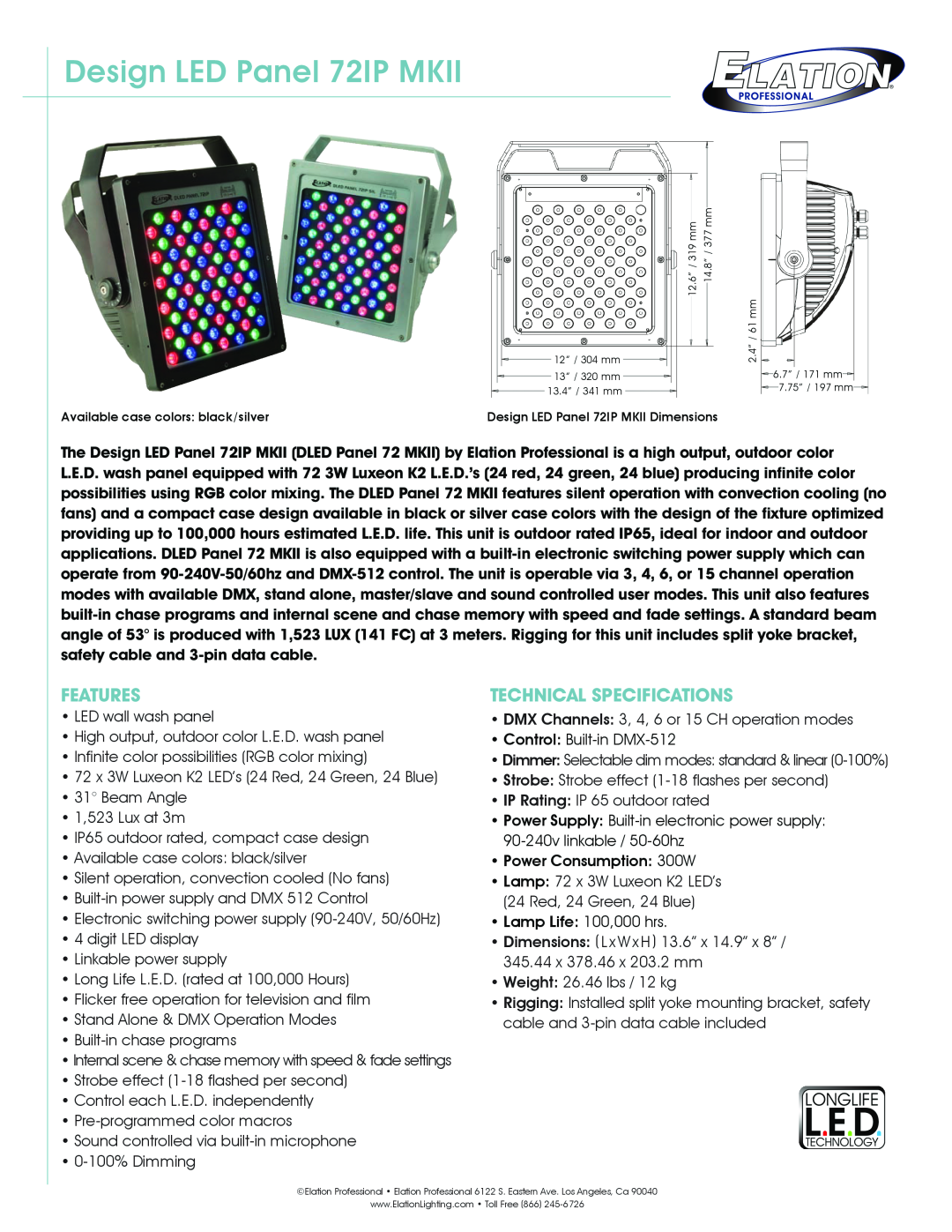 Elation Professional technical specifications Design LED Panel 72IP MKII, Features, Technical Specifications 
