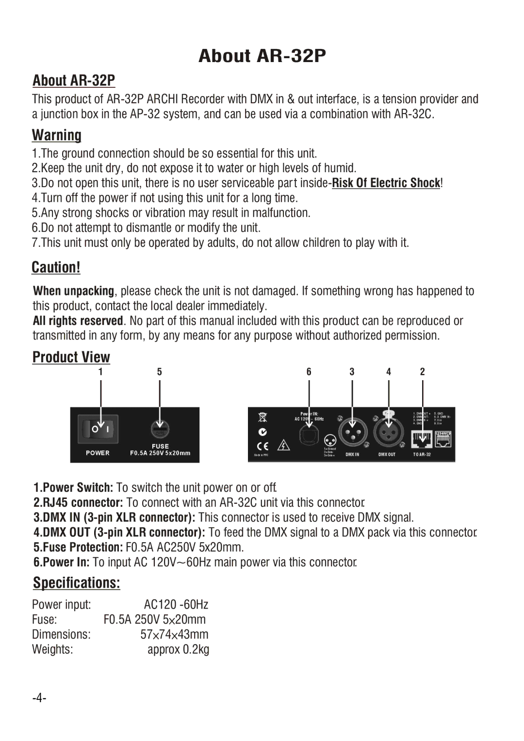 Elation Professional AR-32C.AR-32 user manual About AR-32P, Product View, Specifications 