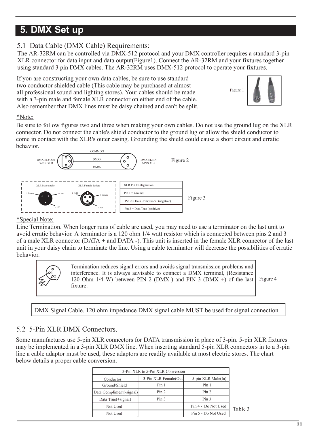 Elation Professional AR-32RM manual Data Cable DMX Cable Requirements, Pin XLR DMX Connectors 