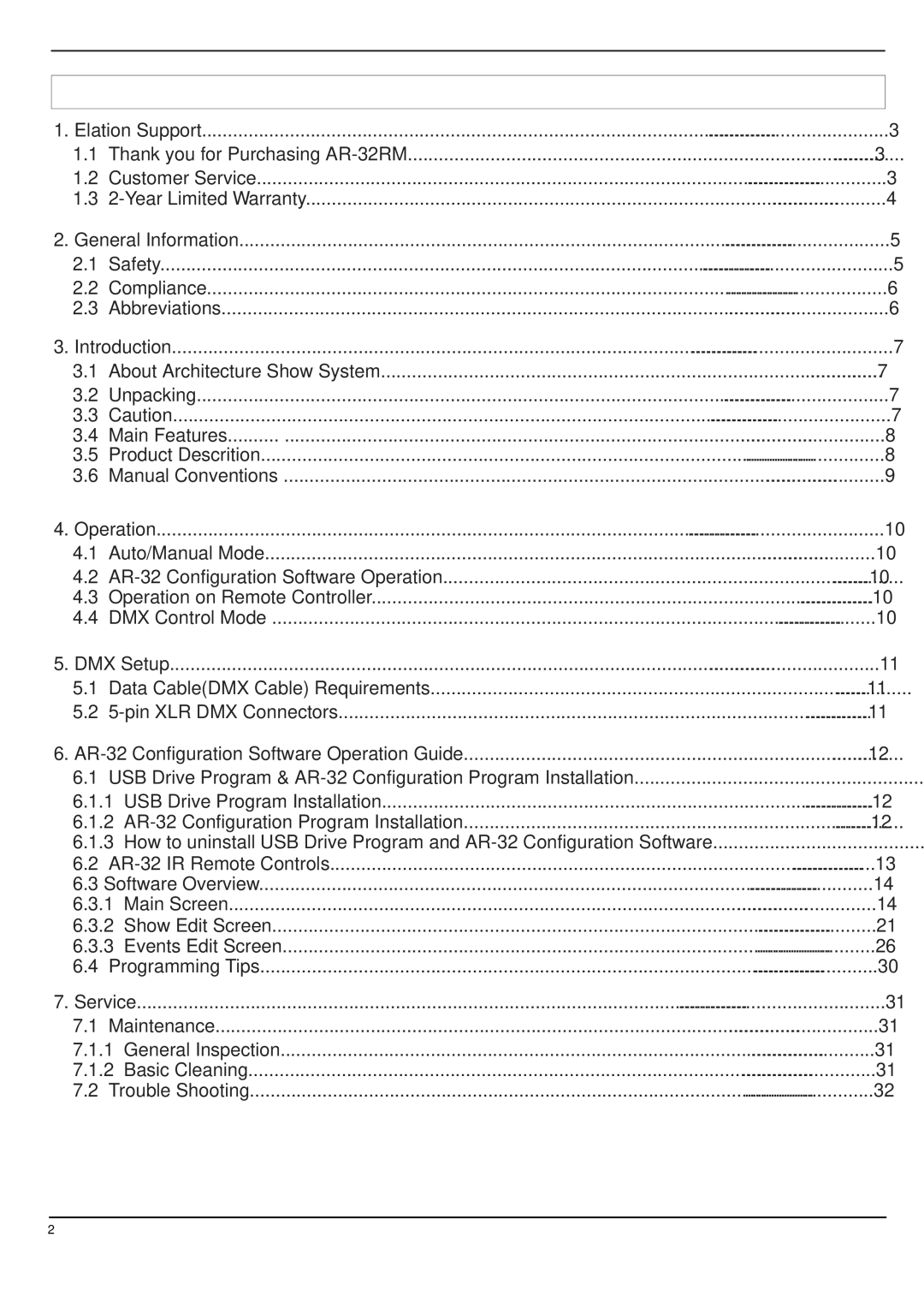 Elation Professional AR-32RM manual Table of Contents 