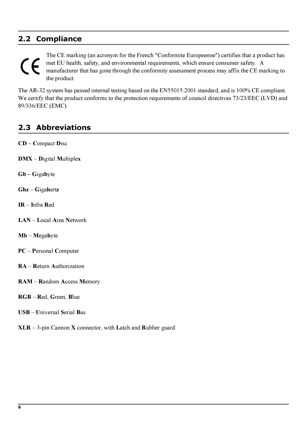 Elation Professional AR-32RM manual Compliance, Abbreviations, Gb Gigabyte 