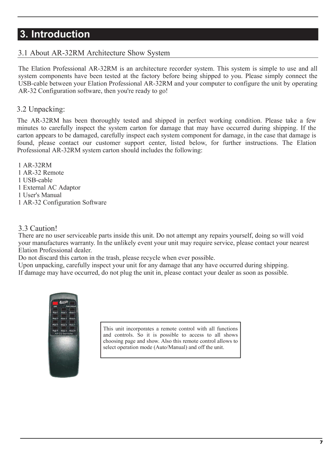 Elation Professional manual About AR-32RM Architecture Show System, Unpacking 