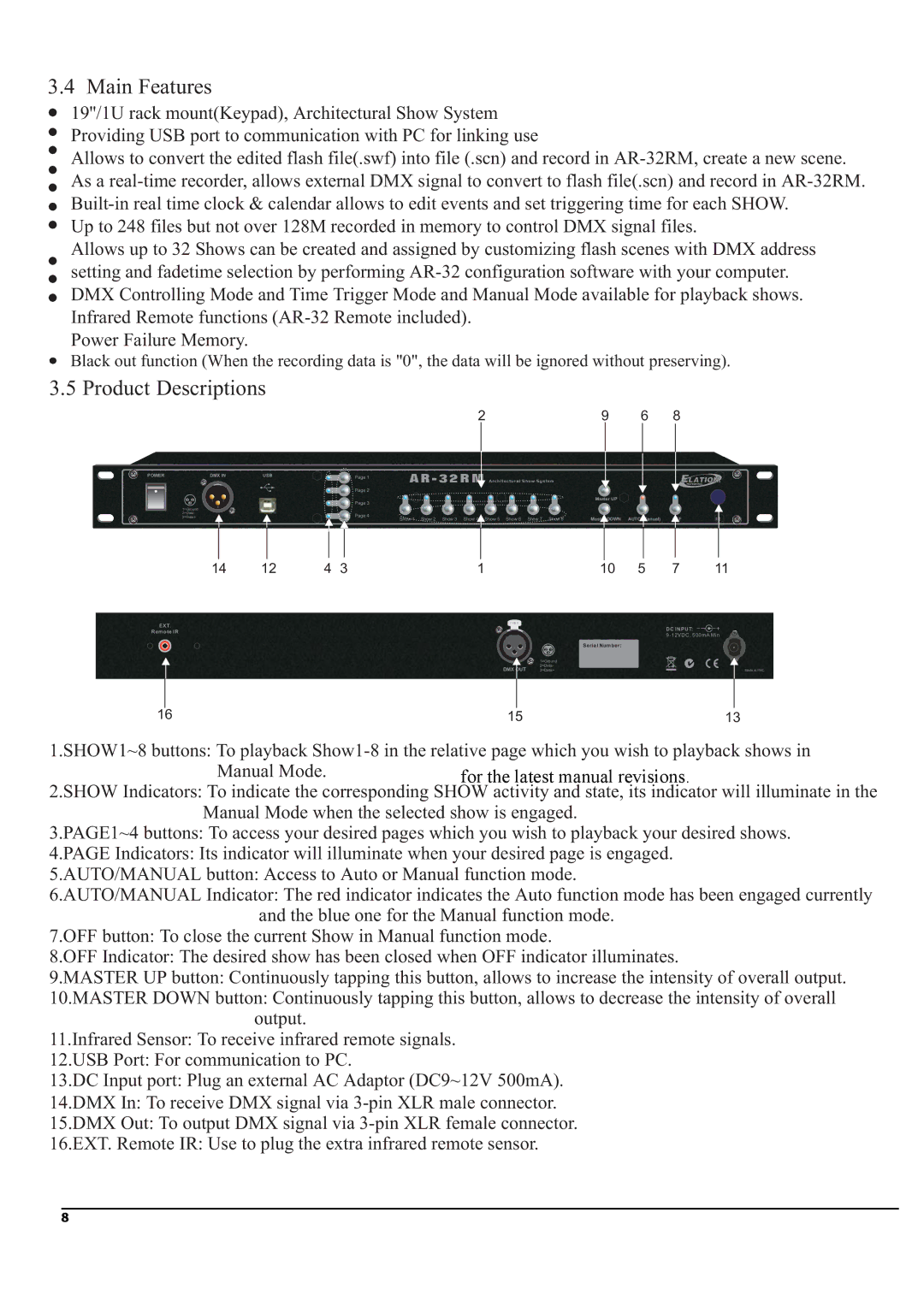 Elation Professional AR-32RM manual Main Features, Product Descriptions 