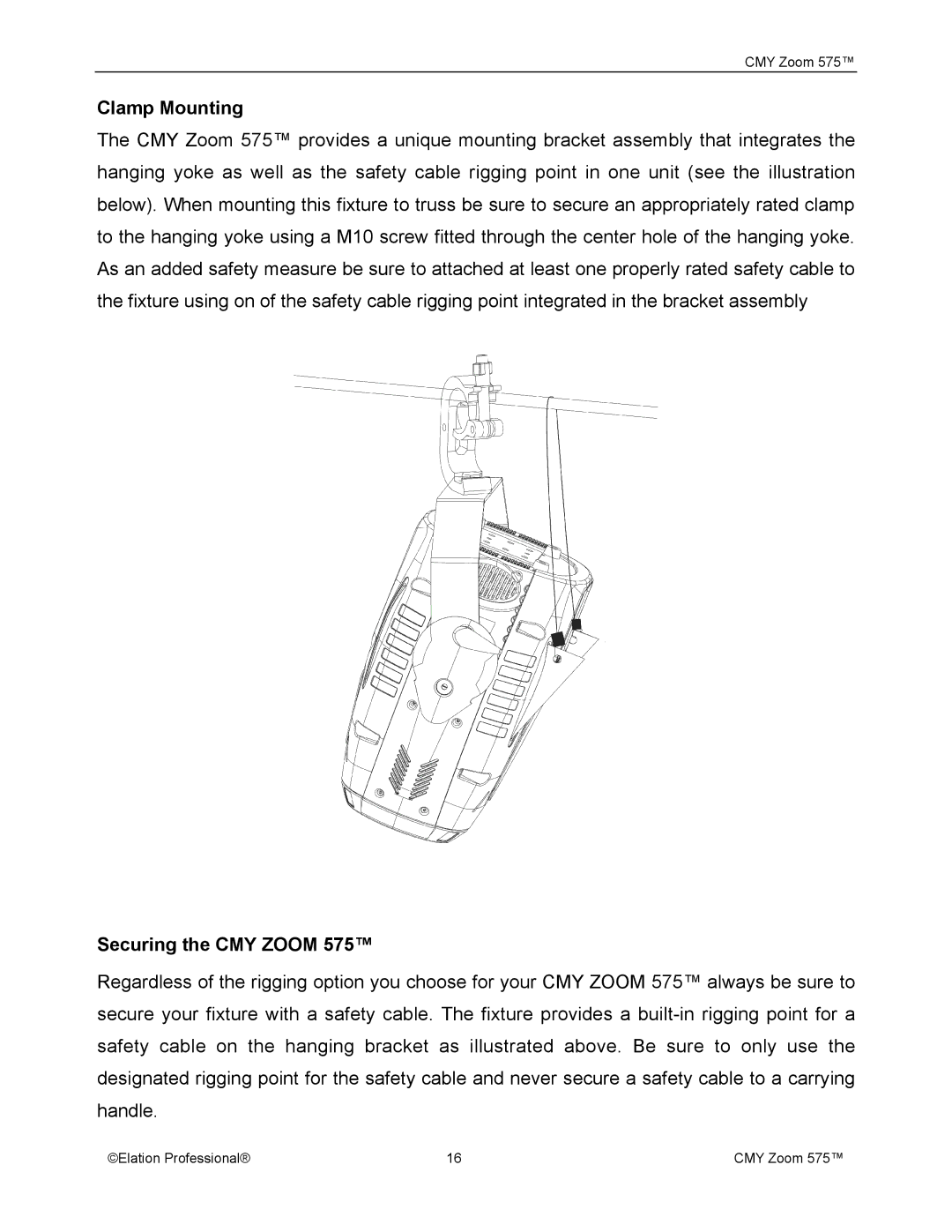 Elation Professional CMY Zoom 575 user manual Clamp Mounting 