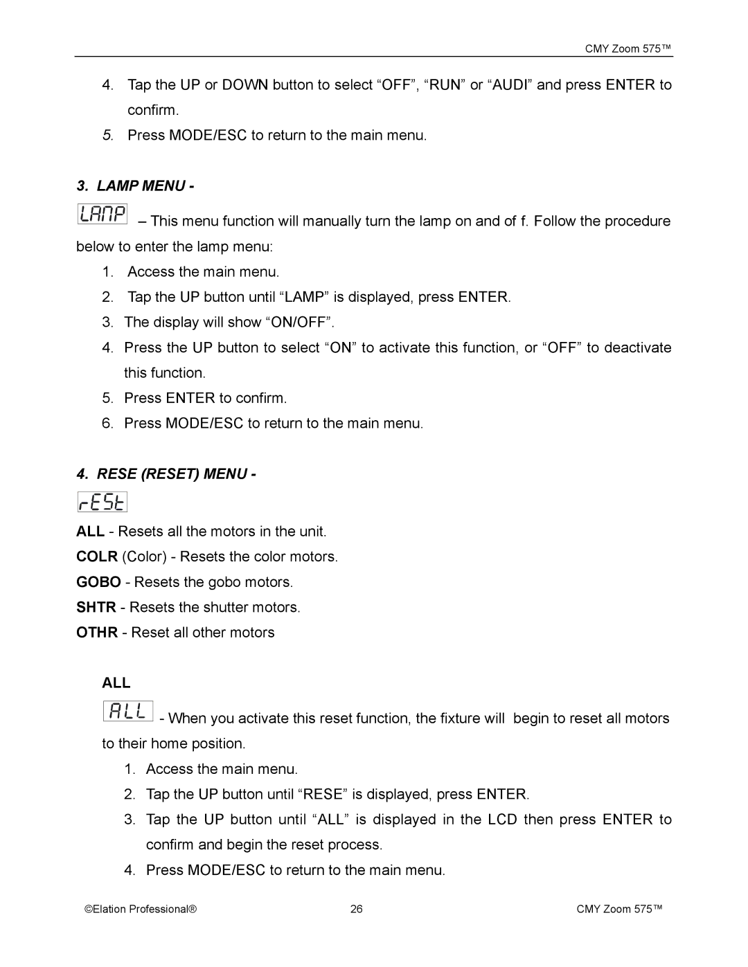 Elation Professional CMY Zoom 575 user manual Lamp Menu, All 