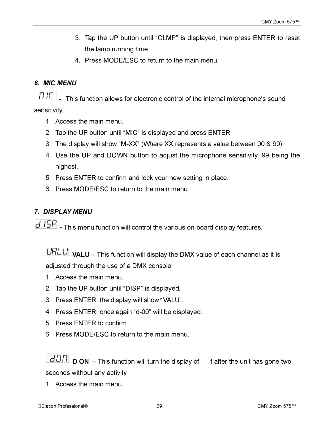 Elation Professional CMY Zoom 575 user manual MIC Menu 